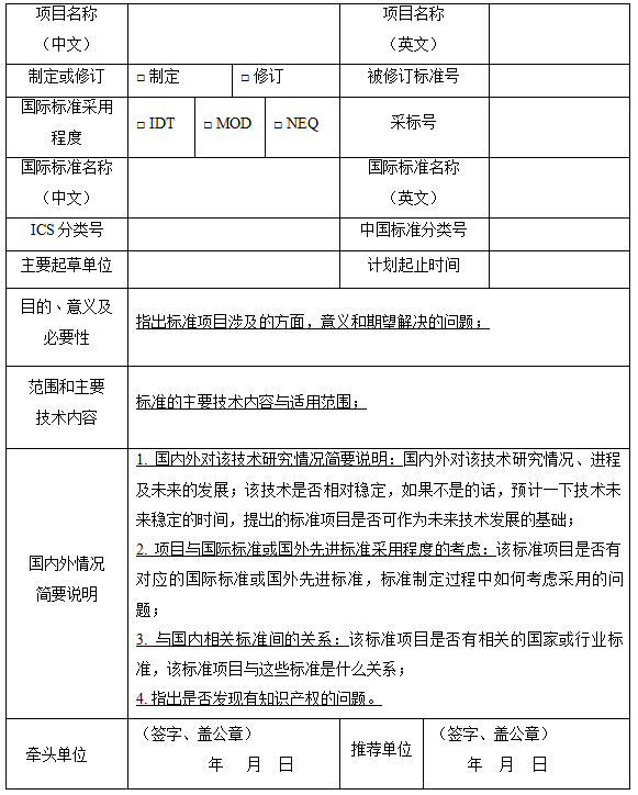 團體標(biāo)準(zhǔn)項目建議書